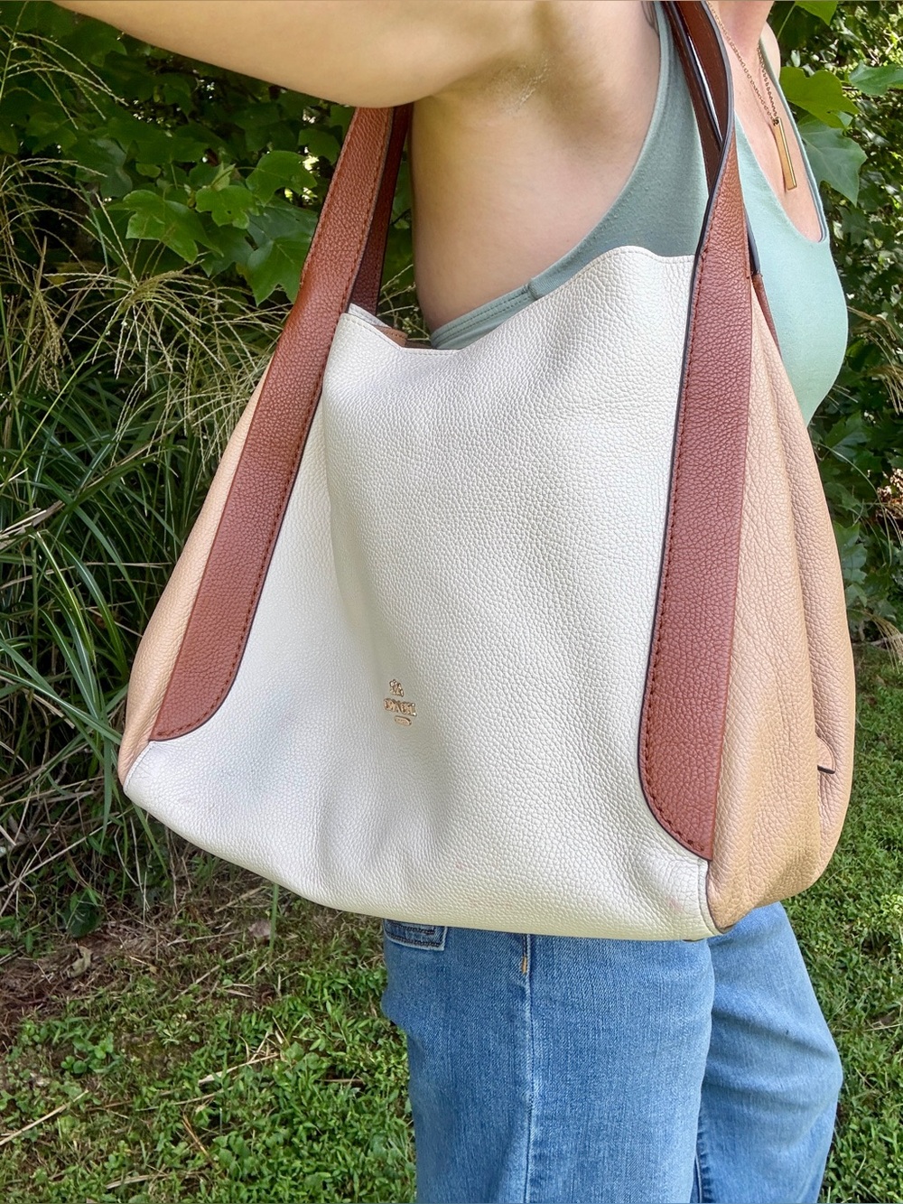 Coach Hadley Hobo 76088 Colorblock Pebbled Leather Tote Chalk Tan Brown Multi
